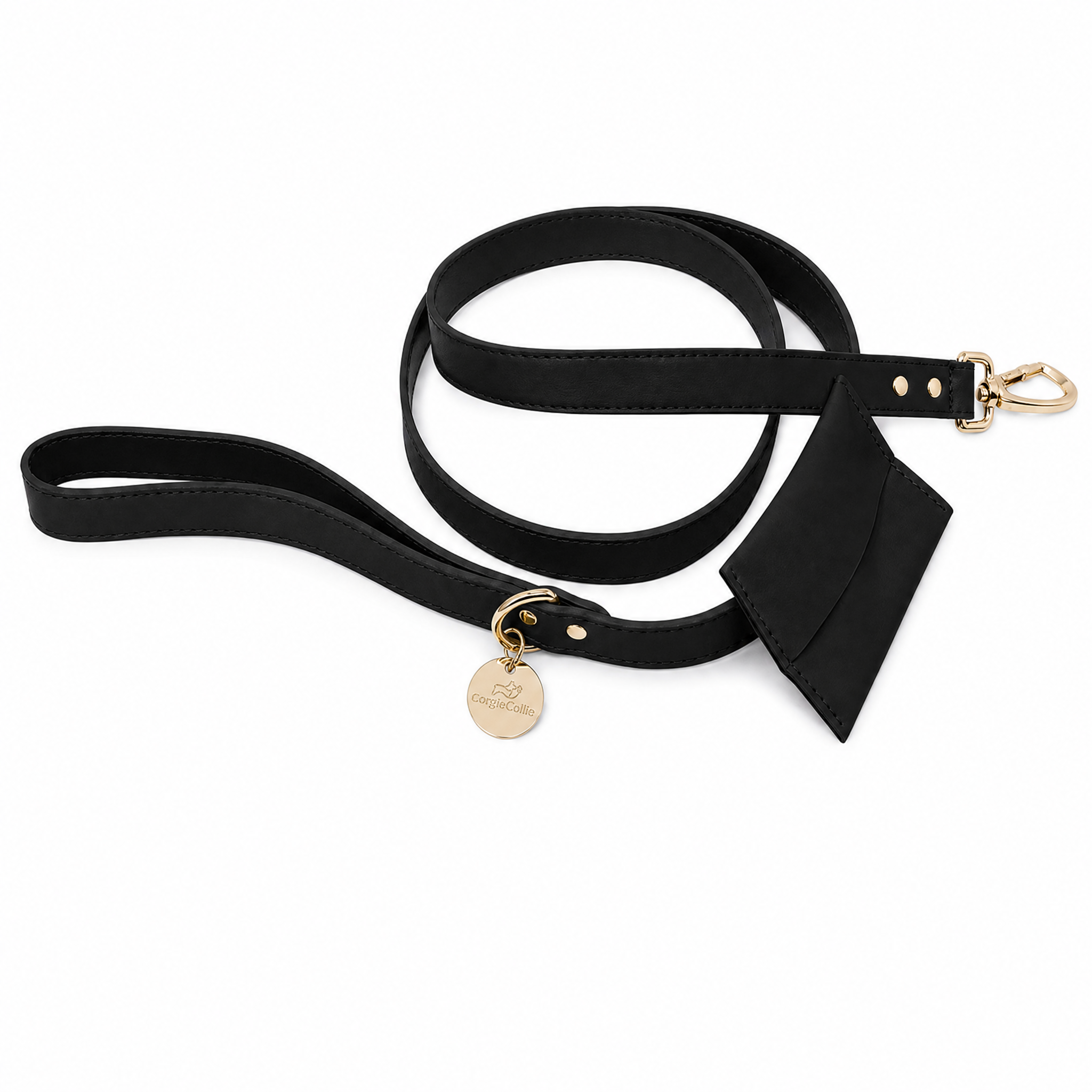 Luxury Leash with Poop Bag Dispenser and Gold Details (Black)