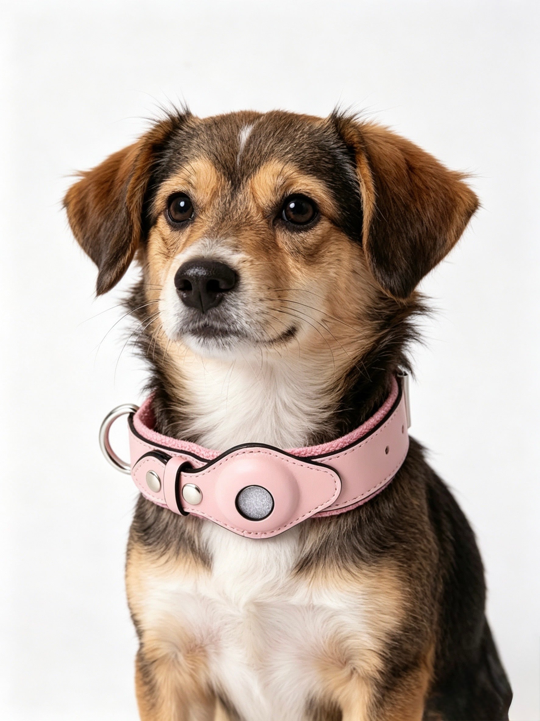Leather and Fabric Collar with Integrated AirTag Holder (Pink)