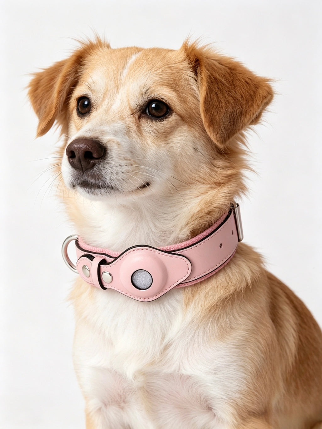 Leather and Fabric Collar with Integrated AirTag Holder (Pink)
