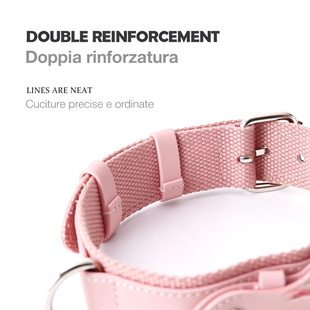 Leather and Fabric Collar with Integrated AirTag Holder (Pink)