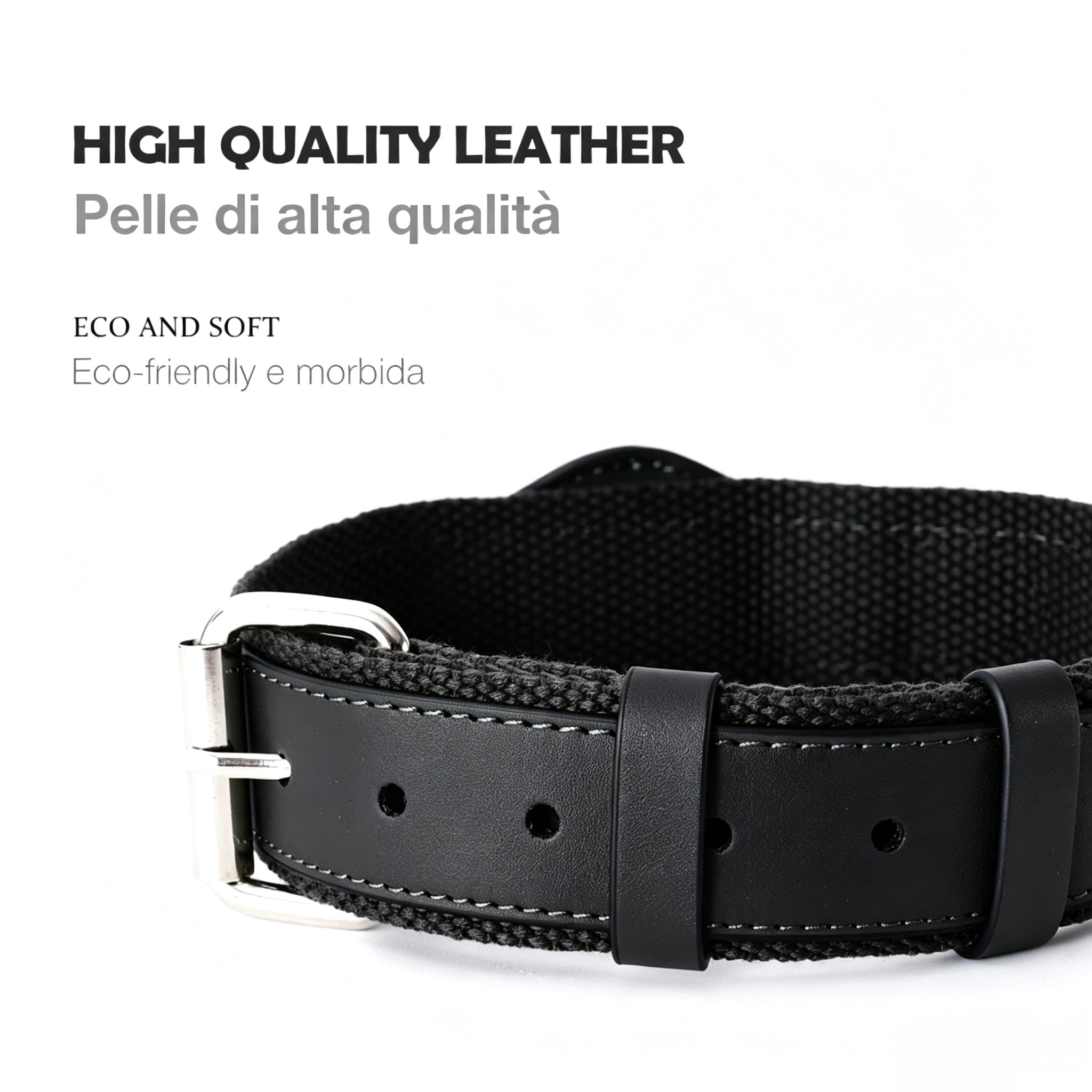 Leather and Fabric Collar with Integrated AirTag Holder (Black)