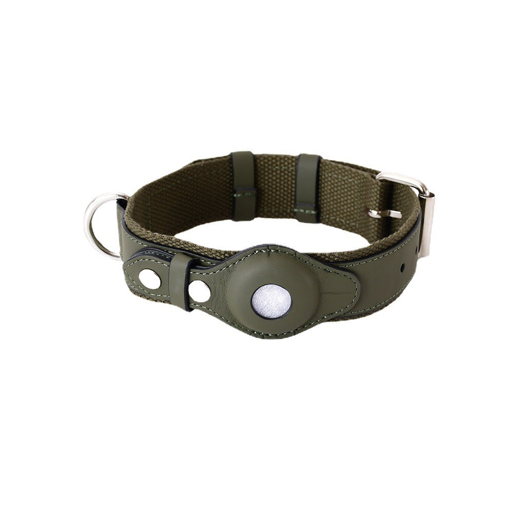 Collare in Pelle e Tessuto con Supporto Integrato per AirTag (Verde militare)