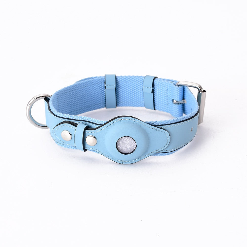 Collare in Pelle e Tessuto con Supporto Integrato per AirTag (Azzurro)