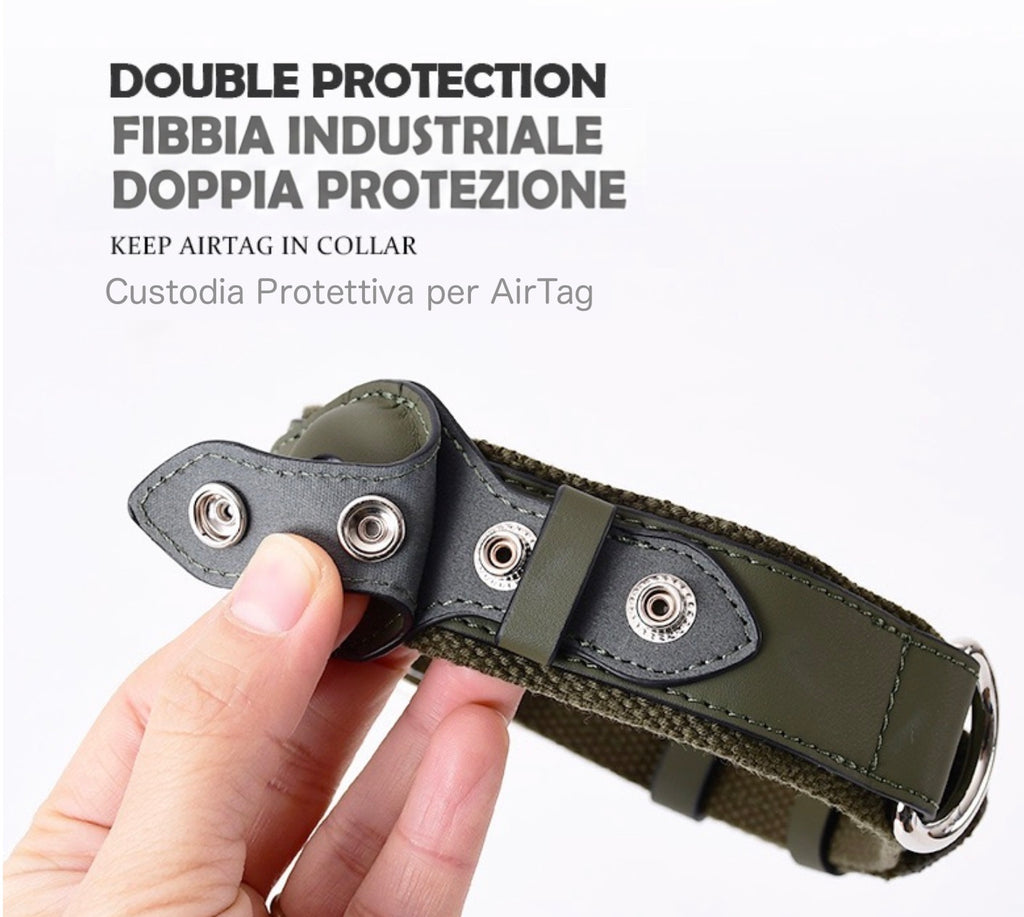 Leather and Fabric Collar with Integrated AirTag Holder (Military Green)