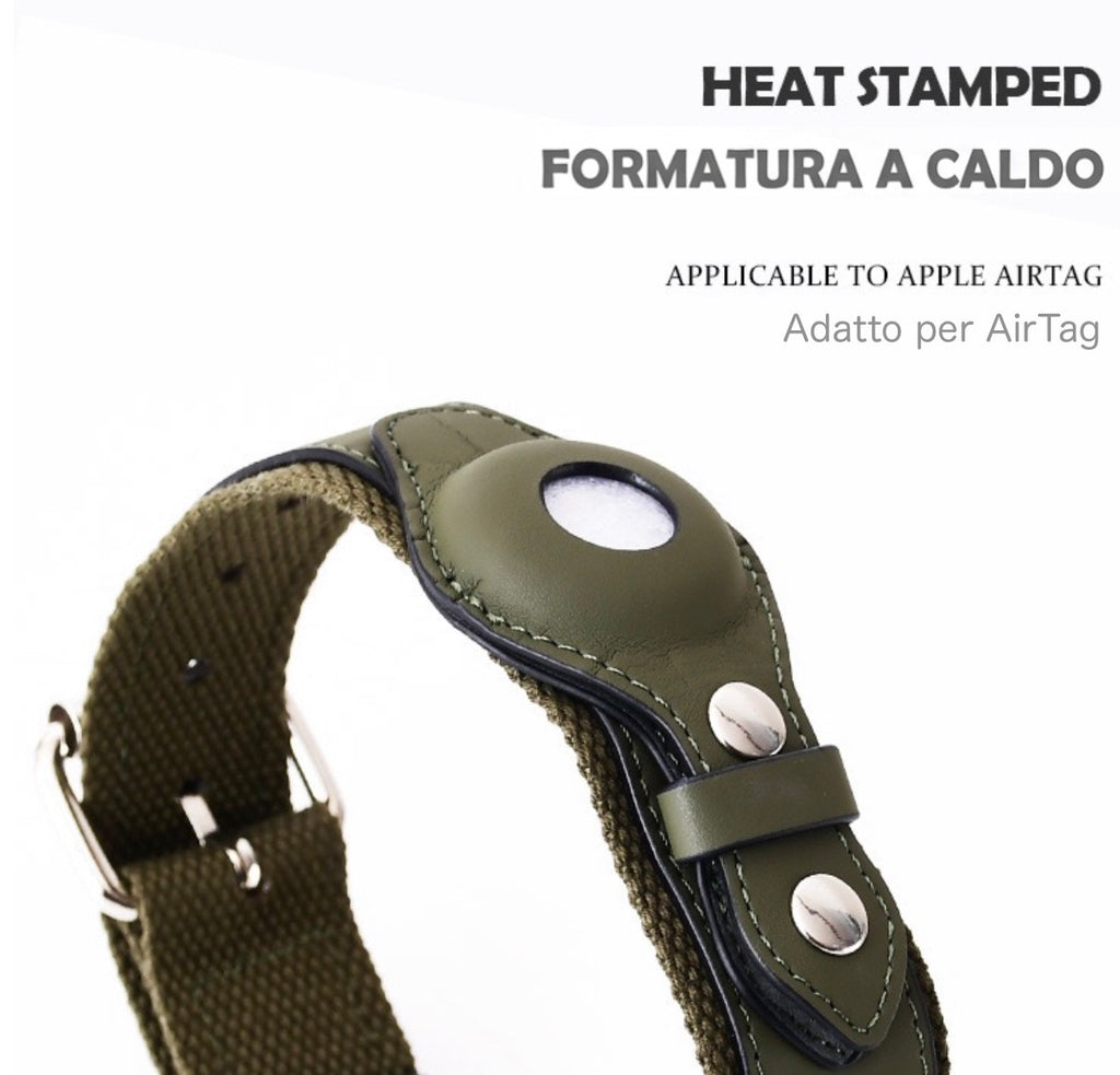 Leather and Fabric Collar with Integrated AirTag Holder (Military Green)
