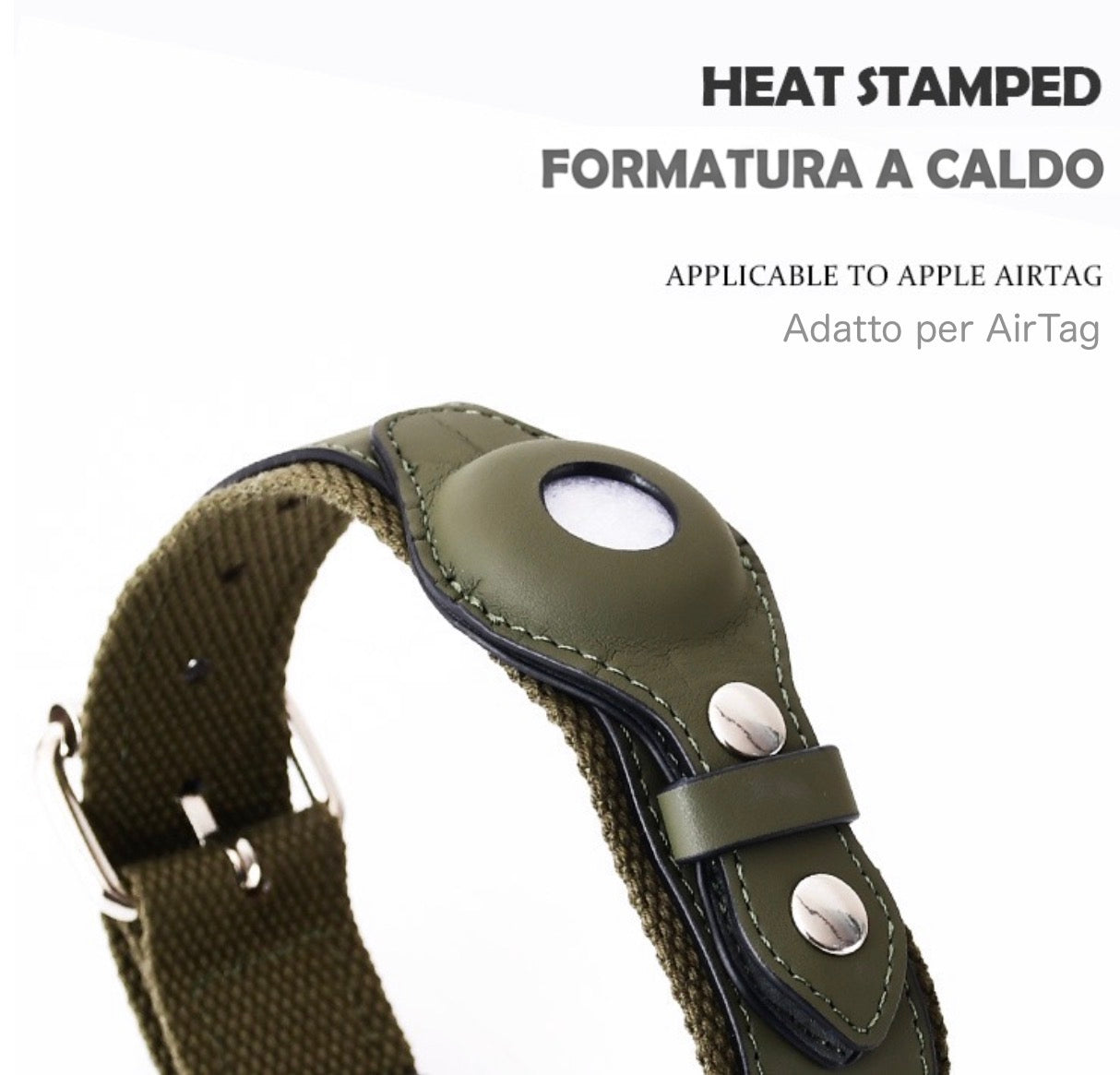 Collare in Pelle e Tessuto con Supporto Integrato per AirTag (Verde militare)