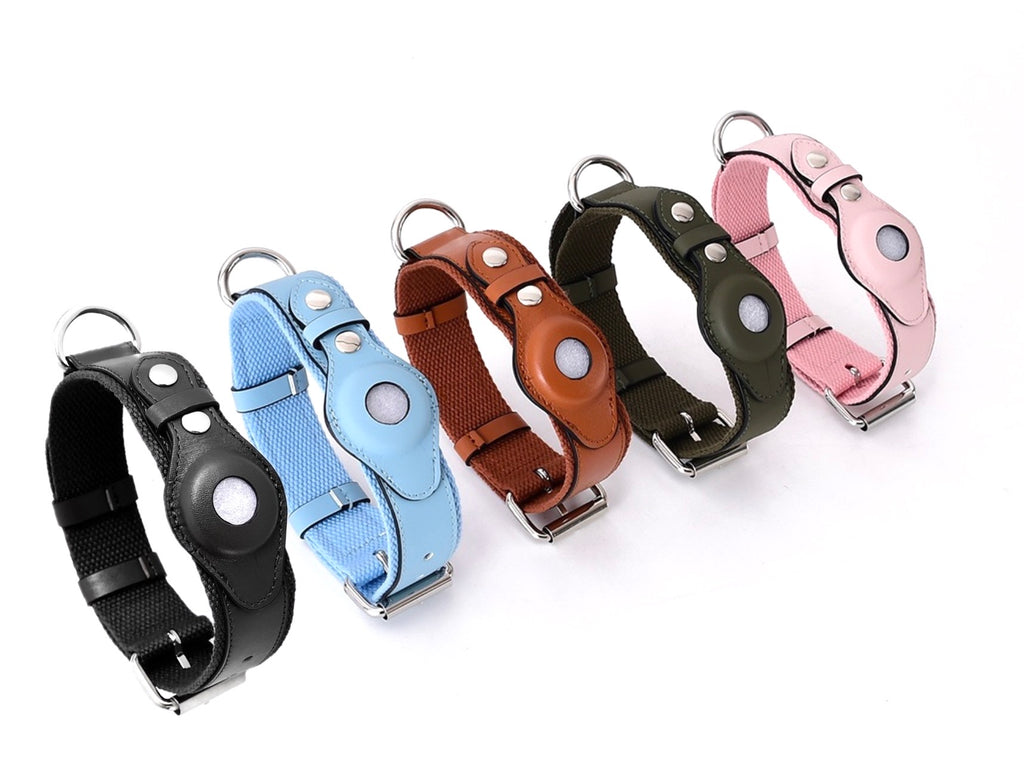 Collare in Pelle e Tessuto con Supporto Integrato per AirTag (Azzurro)