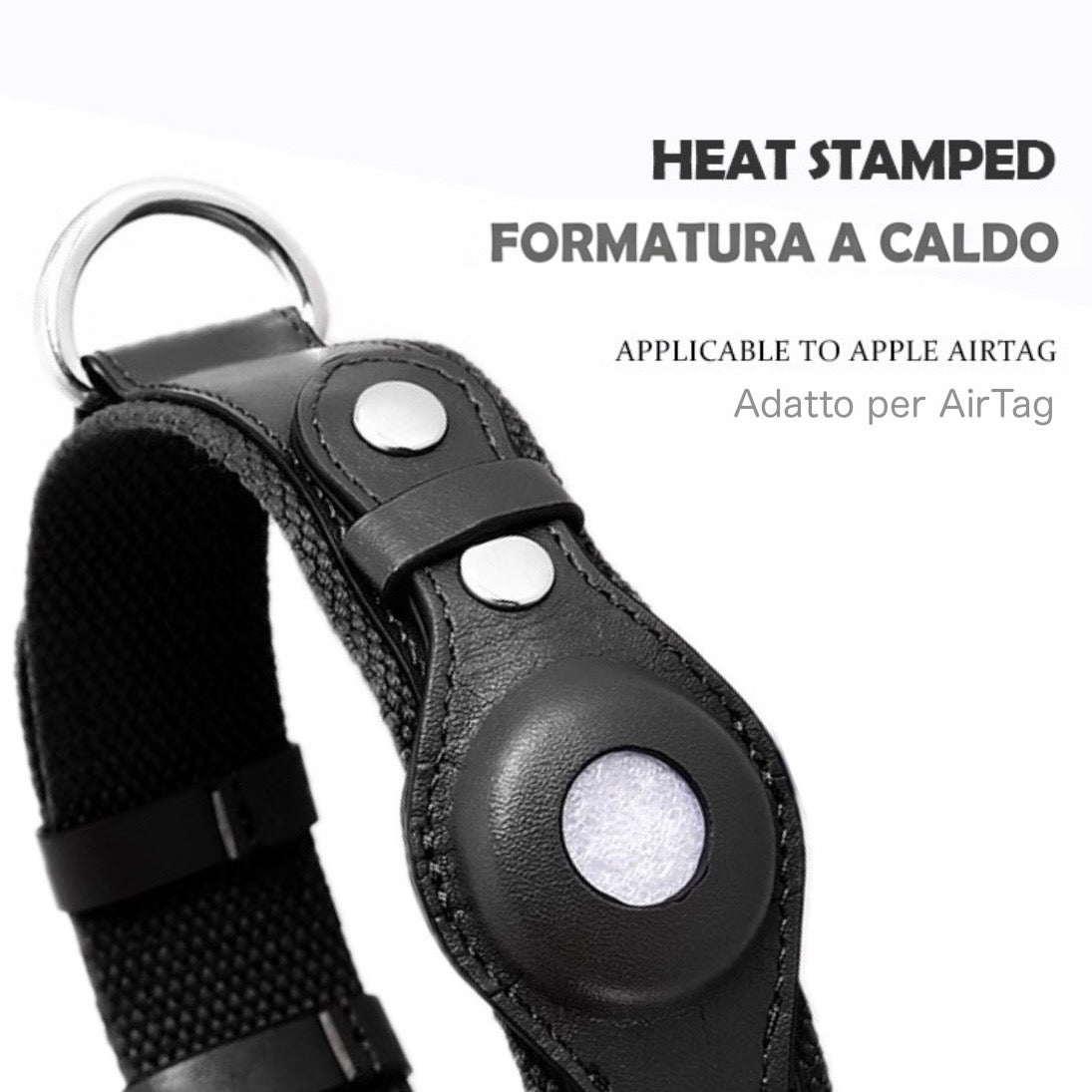 Collare in Pelle e Tessuto con Supporto Integrato per AirTag (Nero)