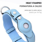 Collare in Pelle e Tessuto con Supporto Integrato per AirTag (Azzurro)