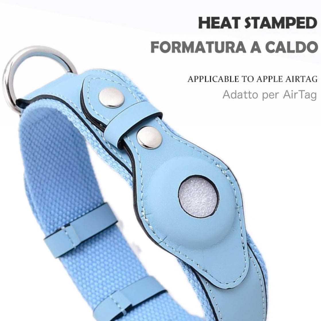 Collare in Pelle e Tessuto con Supporto Integrato per AirTag (Azzurro)