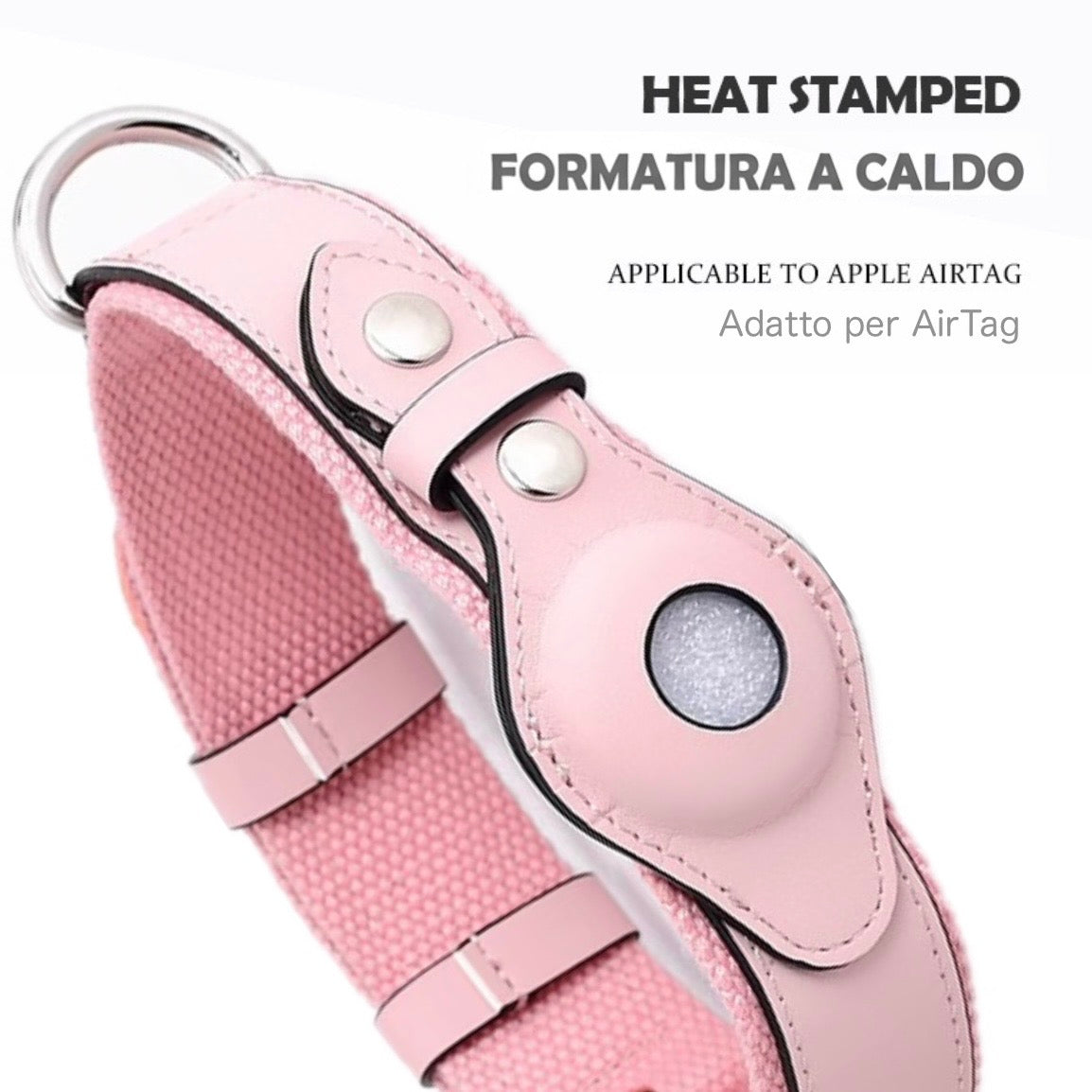 Collare in Pelle e Tessuto con Supporto Integrato per AirTag (Rosa)