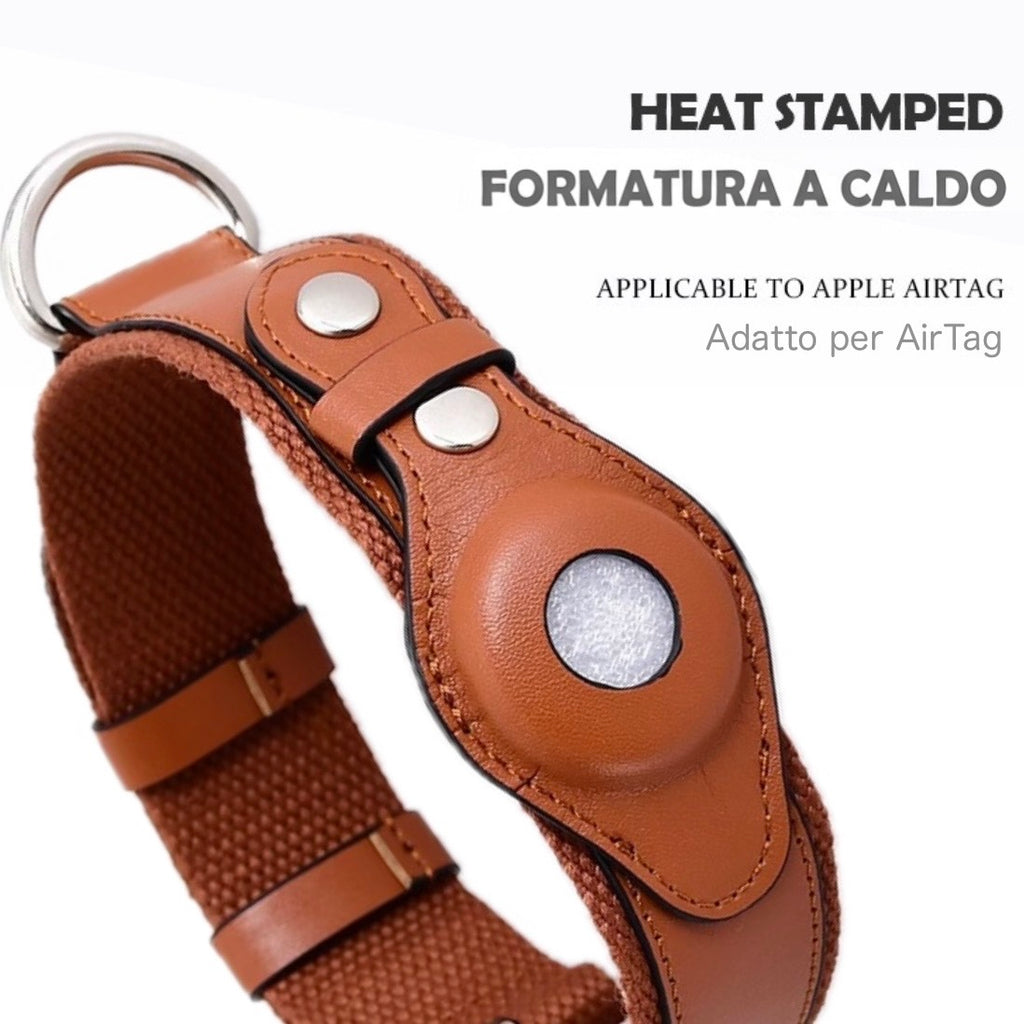 Collare in Pelle e Tessuto con Supporto Integrato per AirTag (Cuoio)