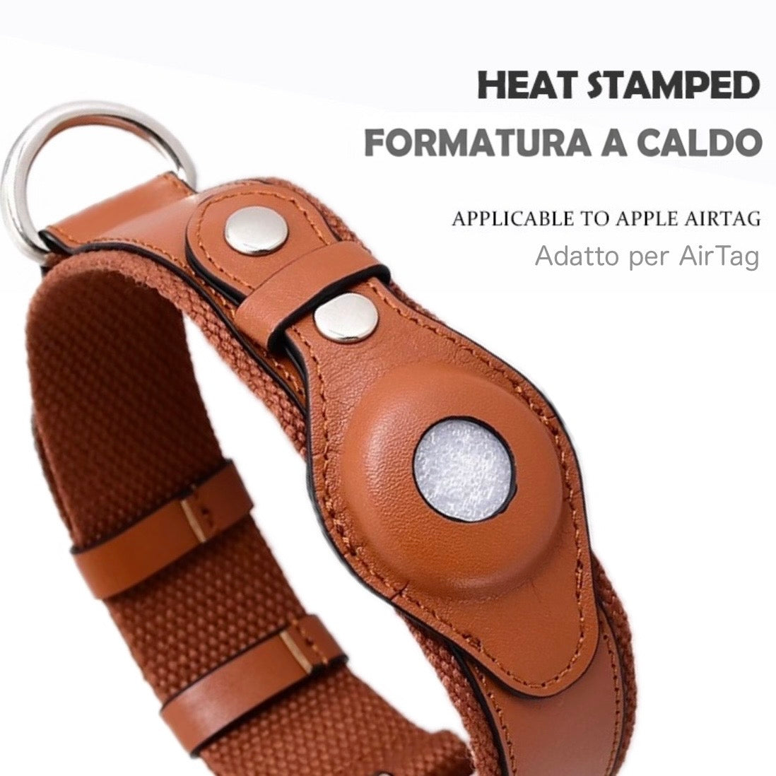 Collare in Pelle e Tessuto con Supporto Integrato per AirTag (Cuoio)