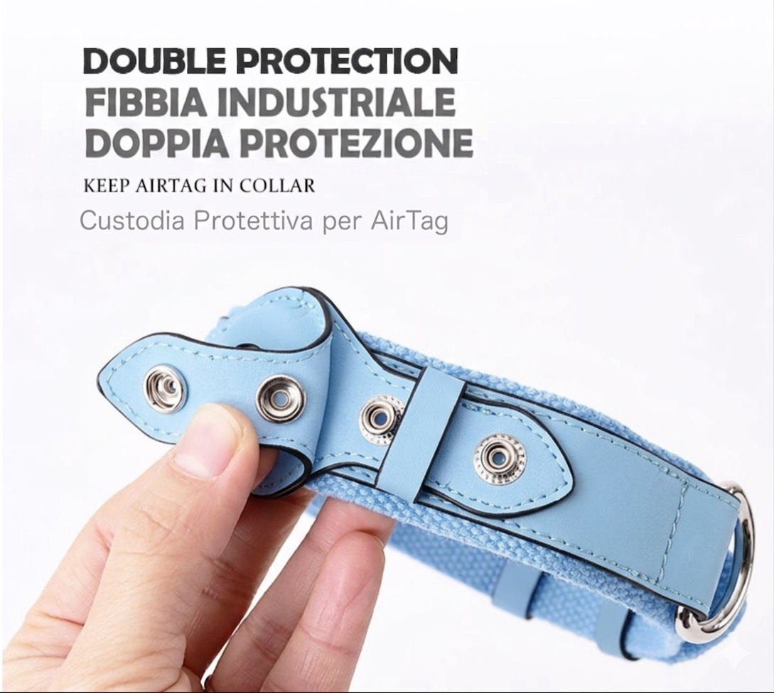 Collare in Pelle e Tessuto con Supporto Integrato per AirTag (Azzurro)