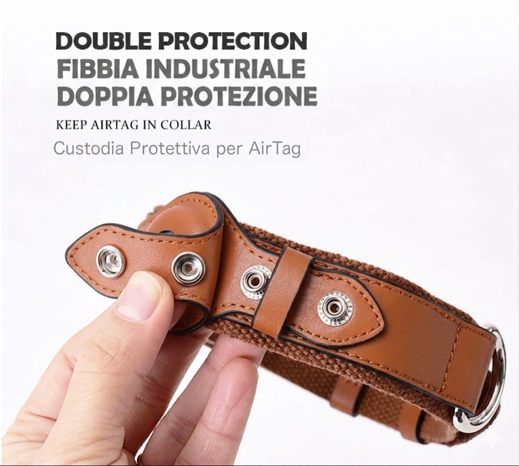 Collare in Pelle e Tessuto con Supporto Integrato per AirTag (Cuoio)