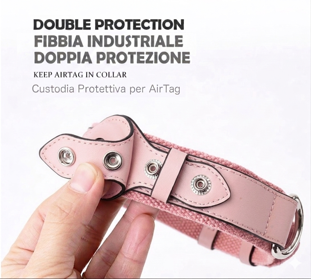 Leather and Fabric Collar with Integrated AirTag Holder (Pink)