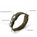 Leather and Fabric Collar with Integrated AirTag Holder (Military Green)