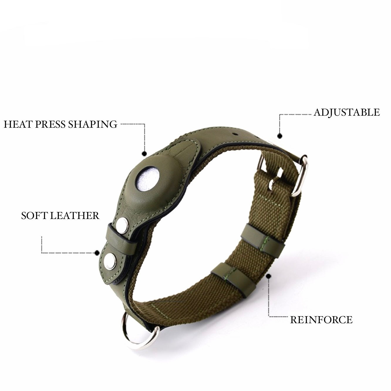 Collare in Pelle e Tessuto con Supporto Integrato per AirTag (Verde militare)
