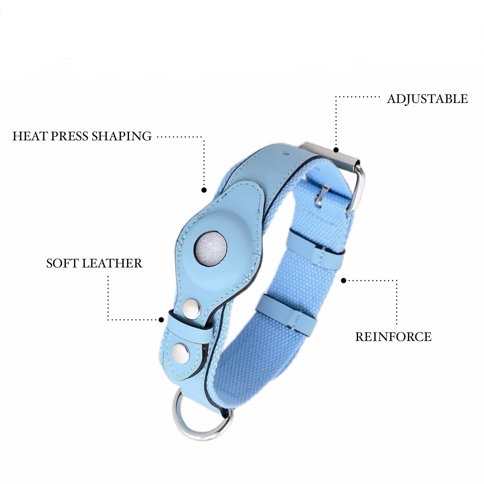 Collare in Pelle e Tessuto con Supporto Integrato per AirTag (Azzurro)