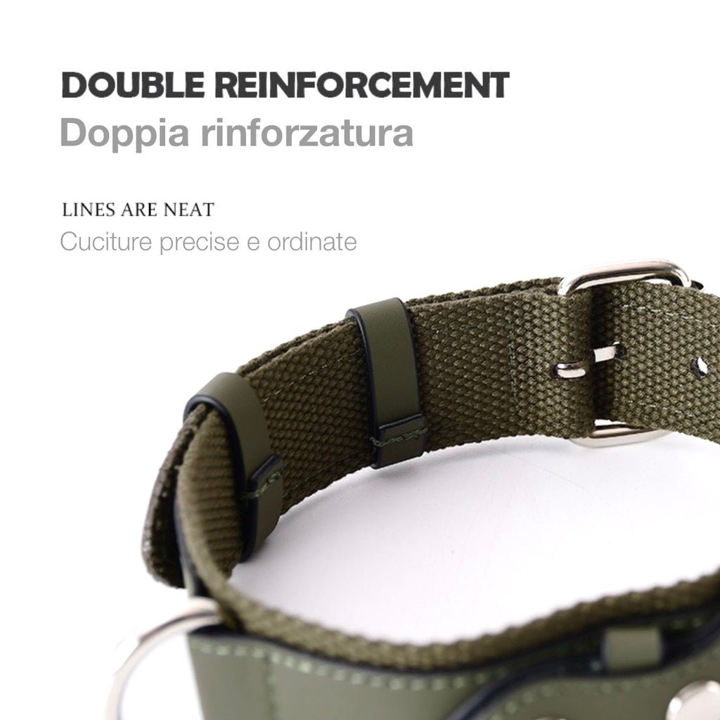 Leather and Fabric Collar with Integrated AirTag Holder (Military Green)