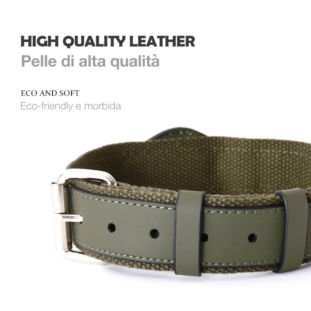 Leather and Fabric Collar with Integrated AirTag Holder (Military Green)